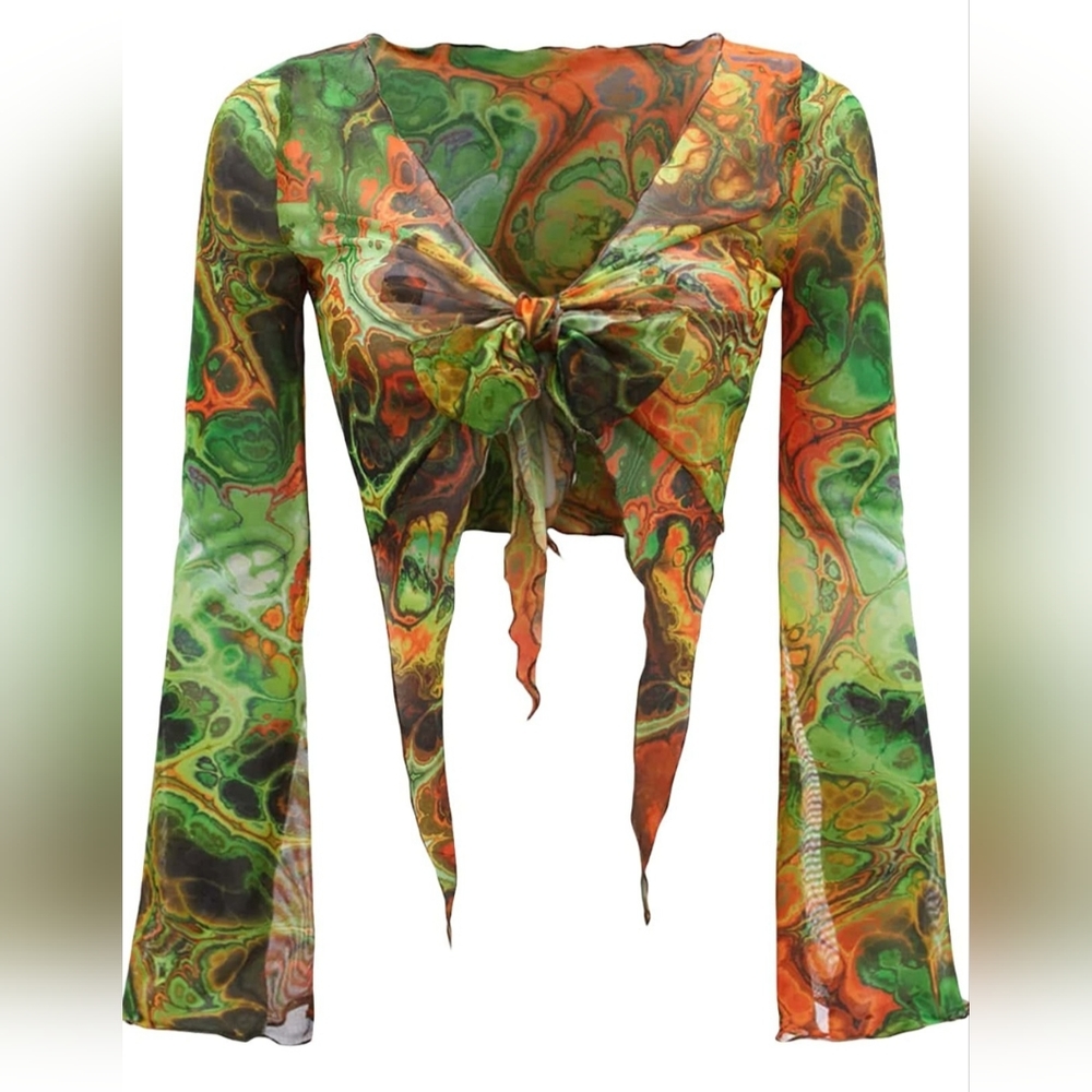 NEW Fairycore Flirty Mesh Tie Front V-Neck Top Women's size Medium Frstival Rave